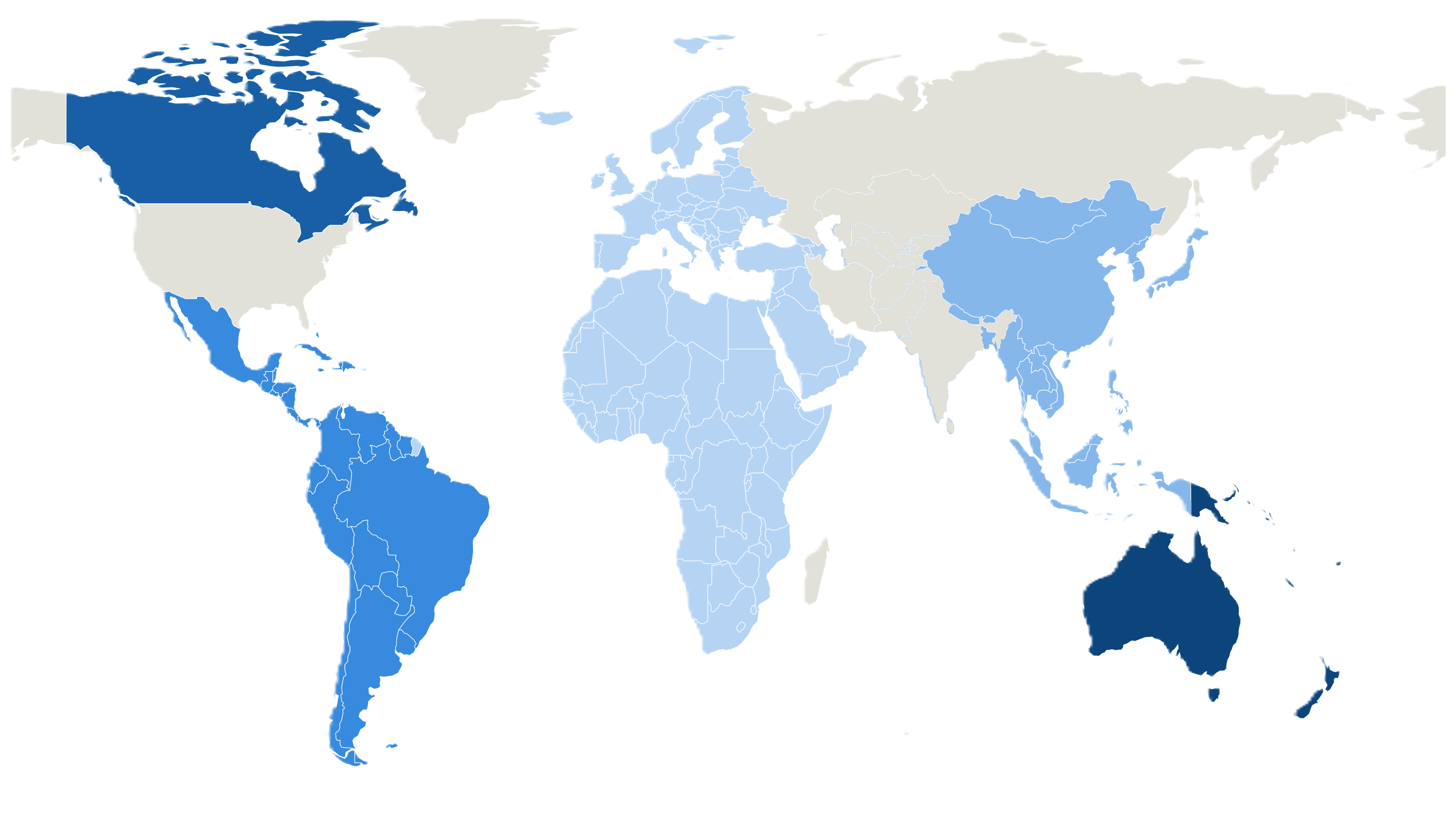 World map of MTSG's regional coverage: EMEA, Southeast Asia, Latin America, Canada, and Oceania