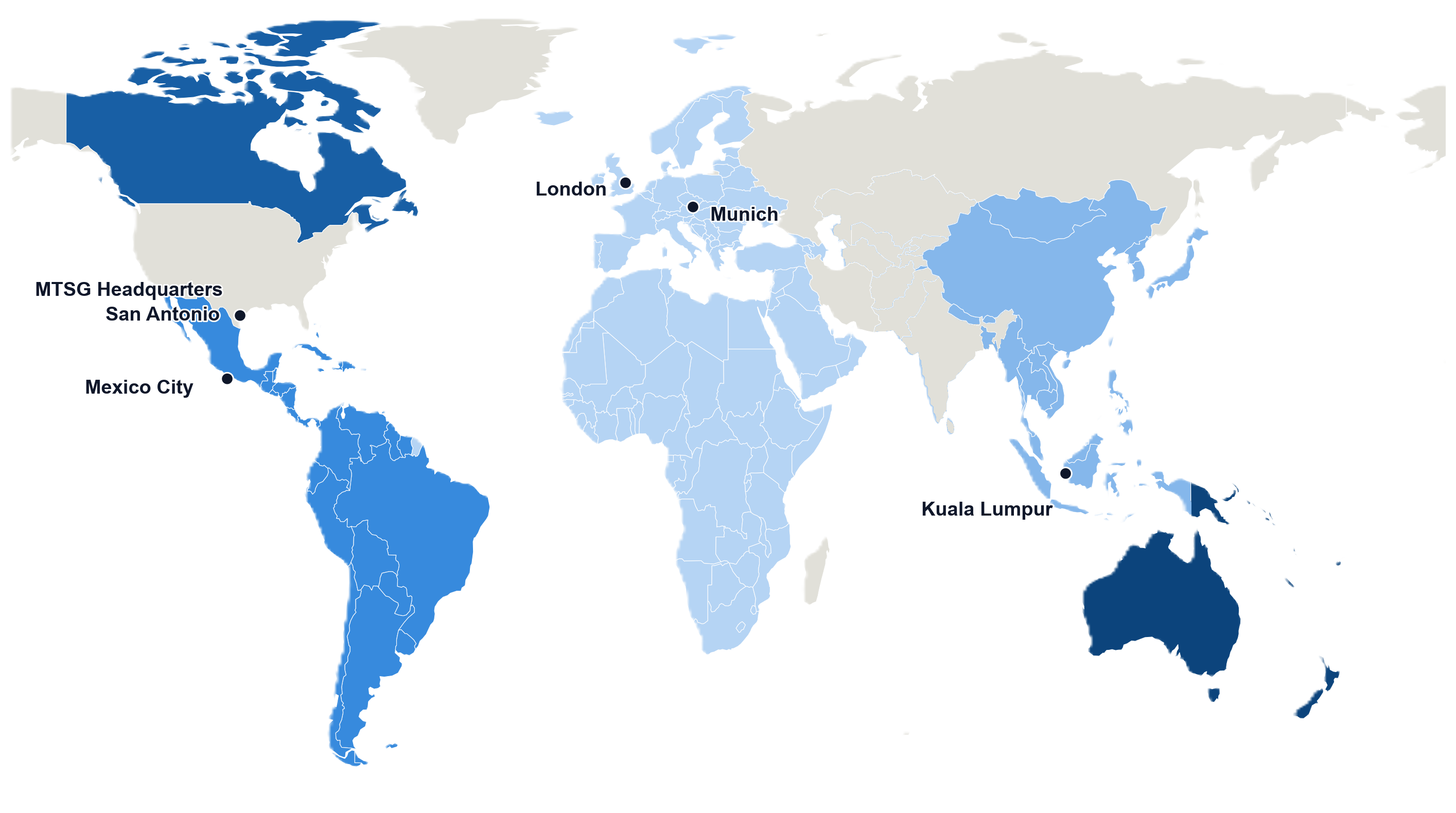 World map of MTSG coverage with team locations: HQ in Texas, London, Munich, Kuala Lumpur, and Mexico City